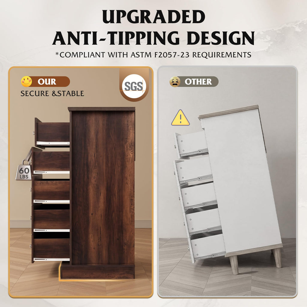 5 Drawer, 45" Tall with Exclusive Anti-Tip Structure, Modern Chest of Drawers with Large Capacity, Closet, Home