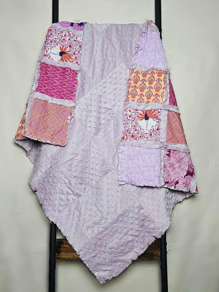 Patchwork Quilt, Quilt, Rag Quilt, Purple and Pink, Peacocks Crib Bedding, Minky Rag Quilt, Floral, Baby Bedding