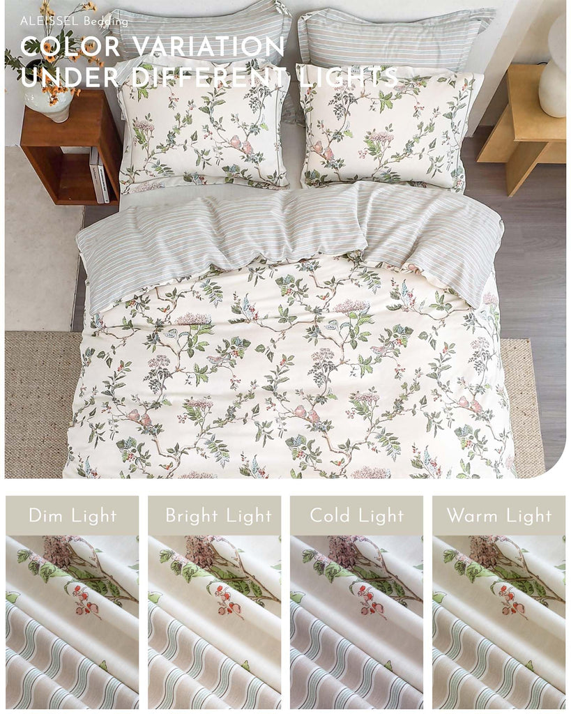 Farmhouse Cotton Comforter Set 3PC - Soft Cream Base Songbird Grove Botanical Prints, Earthy Stripe