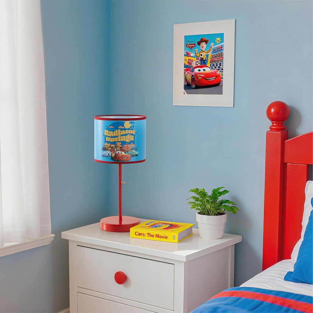 Table Lamp for Kids, Stick Lamp with Printed Shade & Pull Chain, Bedroom or Nursery Nightstand Lighting,Cars