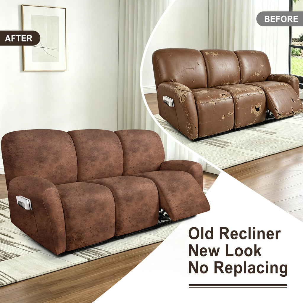 Recliner Couch Covers 8-Piece Leather Look Couch Covers for Recliner Sofa with Pocket, Washable Non-Slip Sofa Covers