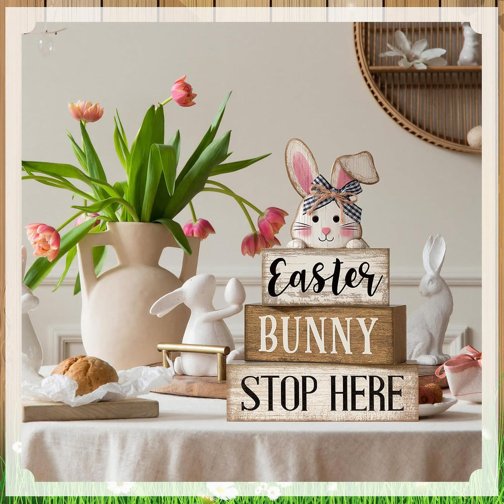 Easter Bunny Wood Signs Farmhouse Tiered Tray Table Decor - Set of 4
