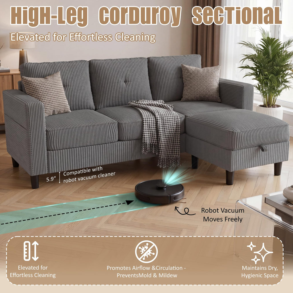 77" L-Shaped Corduroy Sectional Sofa with Storage Ottoman, Grey