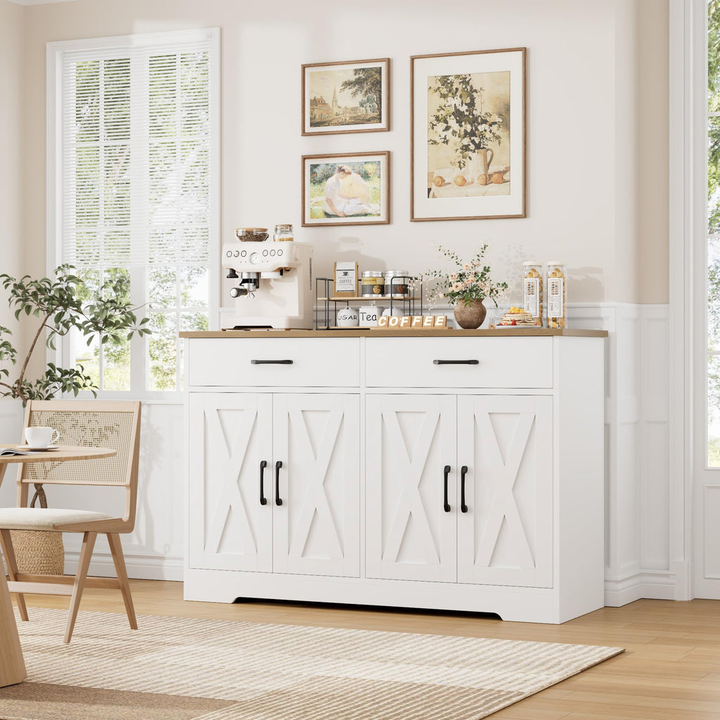 47" W Kitchen Sideboard Buffet Cabinet with Storage Drawers, White