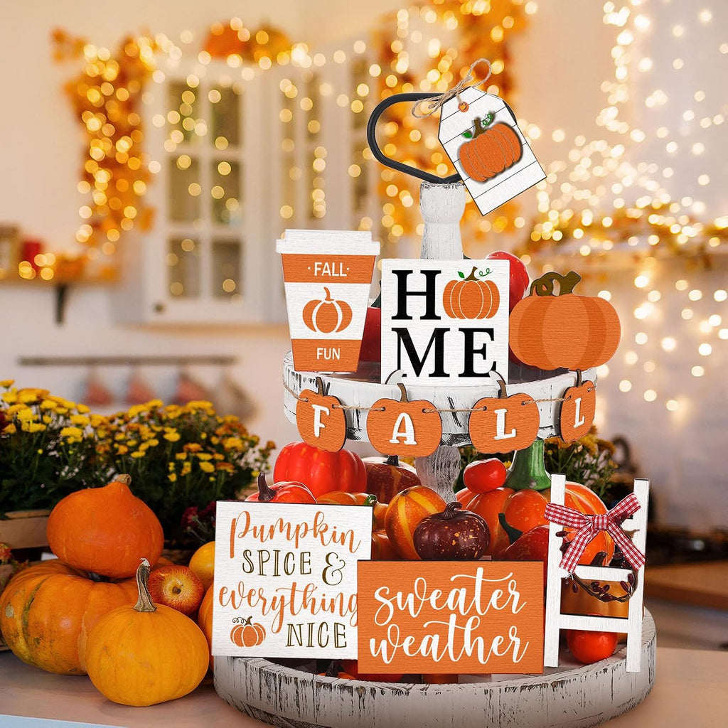 Two Tiered Tray with Wooden Signs Decor, Autumn Style - Set of 11