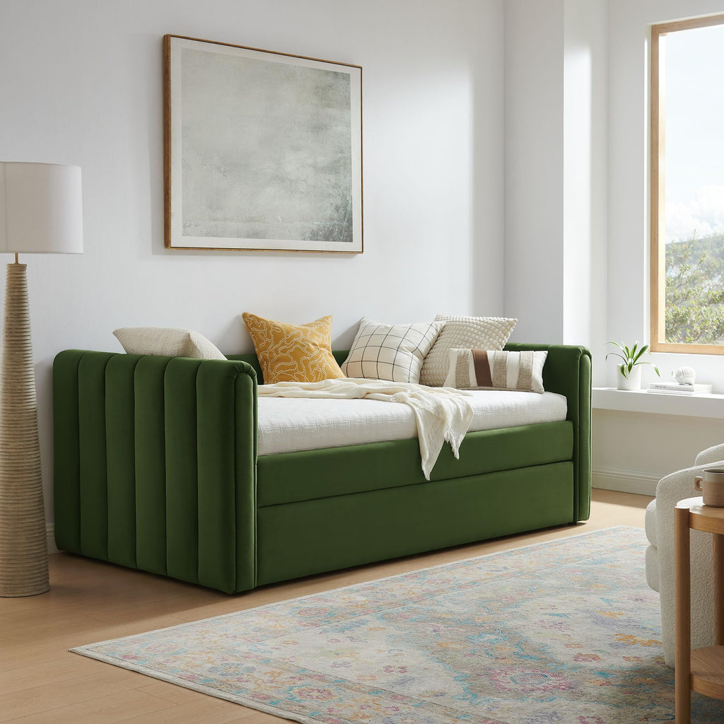 Veyla Twin Size Performance Velvet Daybed in Moss Green with Trundle - Channel Tufted Upholstered Sofa Bed with Wood