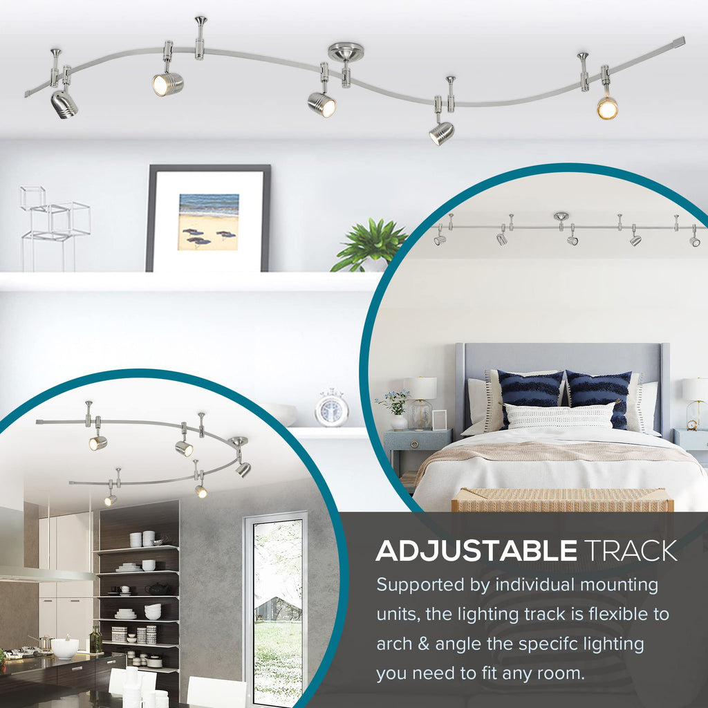 002 Transitional 5-Light Flexible Track Lighting Kit with Metal Shades, LED Bulbs Included, 96", Brushed Nickel