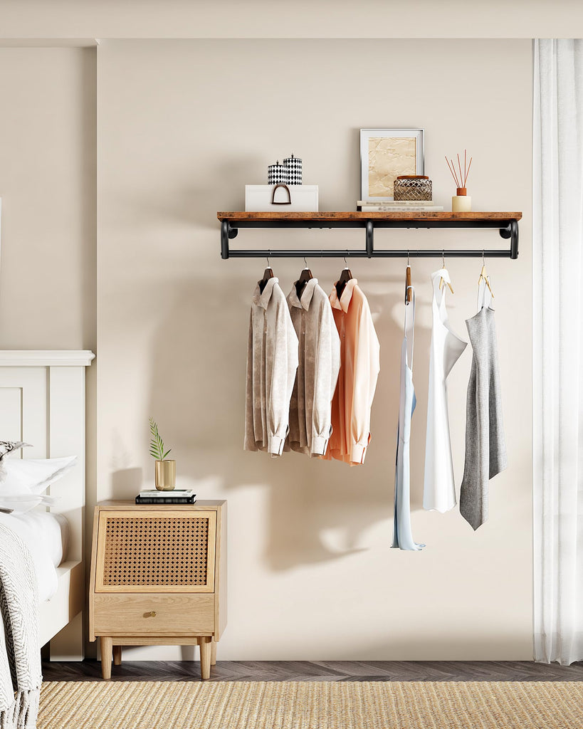 Wall Mounted Clothes Rack, Metal Garment Rack with Top Shelf, Laundry Storage Shelf with Hanging Rod, for Laundry