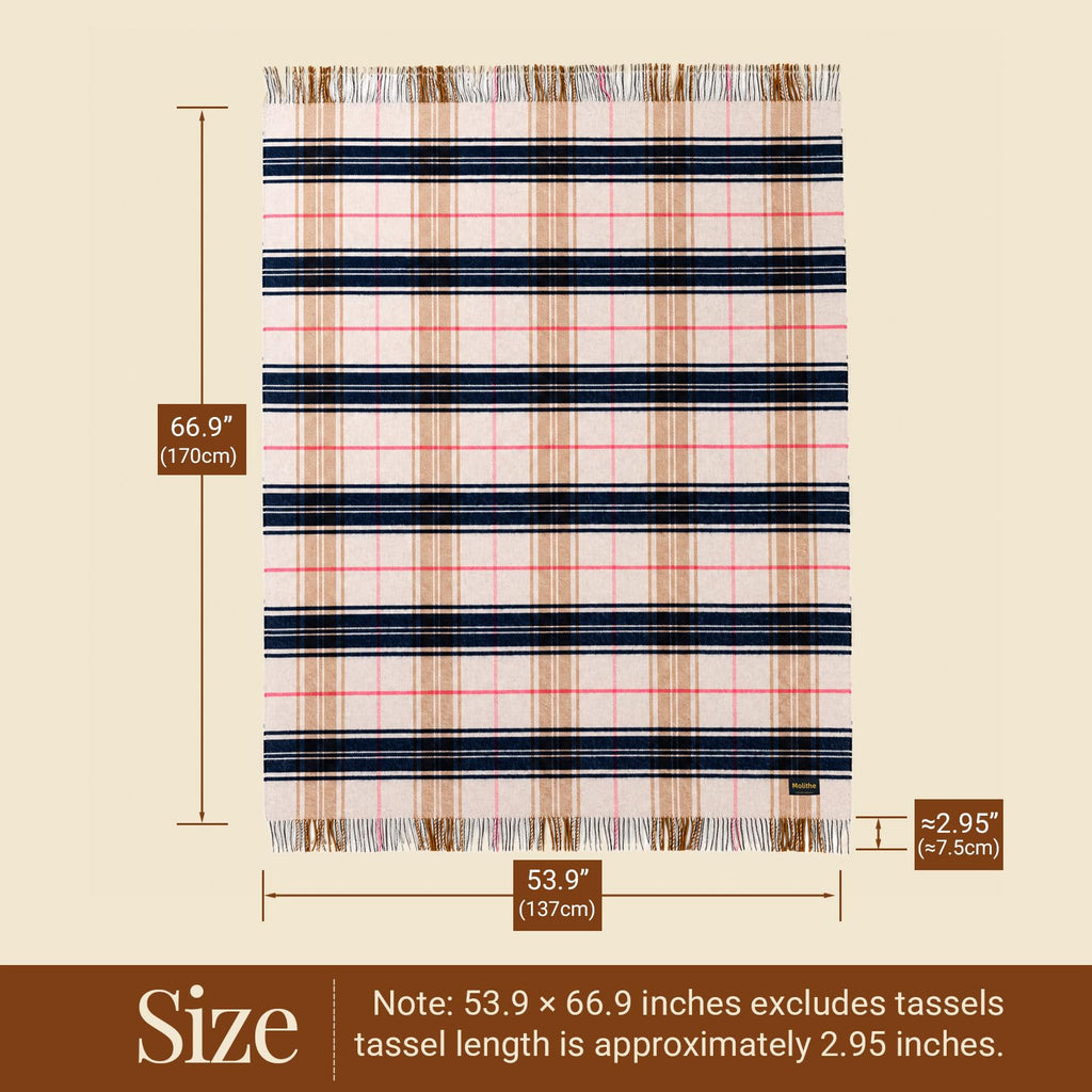100% Wool Throw Blanket with Tassel Fringe Soft Temperature-Regulating