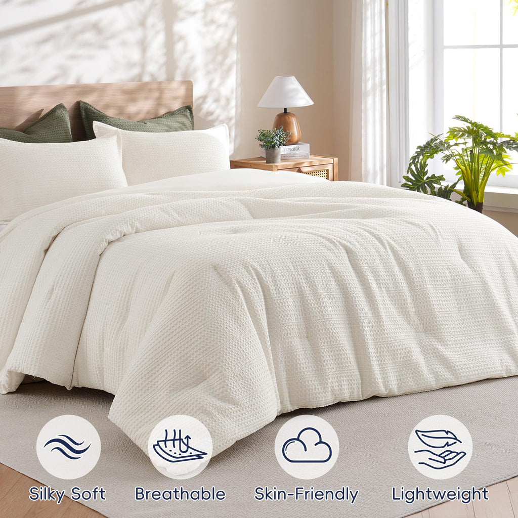 Soft Waffle Comforter Set - Comfy Breathable Waffle Weave Comforter with 2 Pillow Shams, 3 Pieces Less