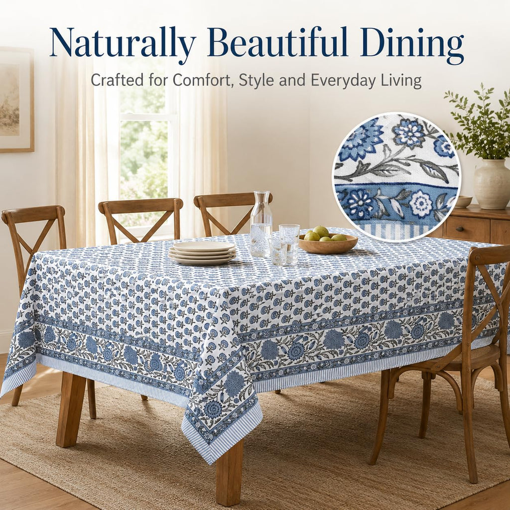 Cotton Rectangular Fall Tablecloth, Handblock Floral Linen Table Cloth Dining Table I Parties Weddings Outdoors