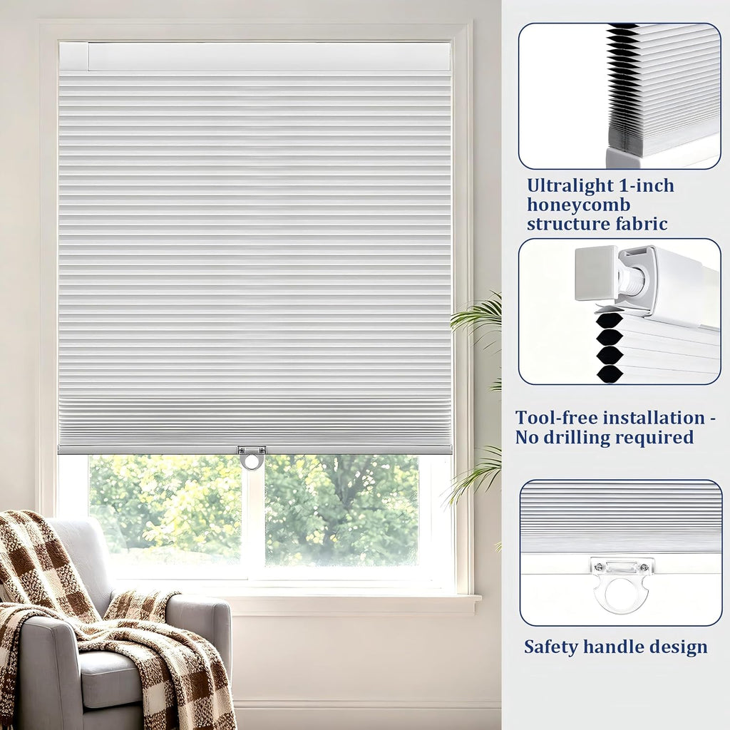 No Tools No Drill Cordless Blackout Cellular Shades White, | Blackout Fabric, Energy-Efficient Honeycomb Design