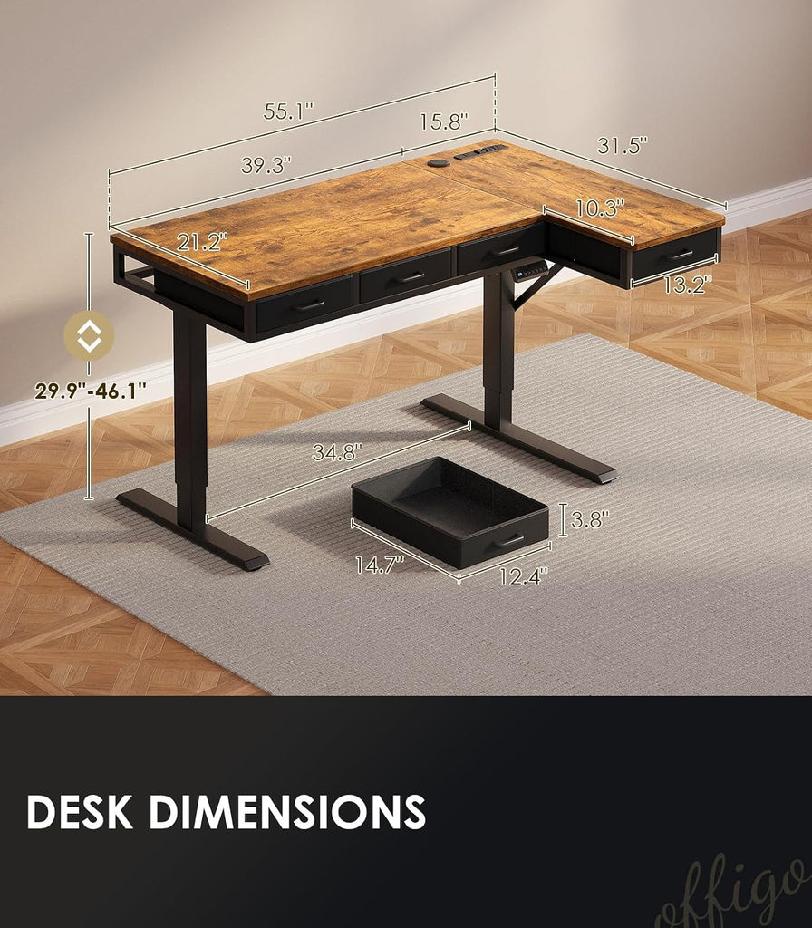 55 Inch L Shaped Electric Standing Desk with 4 Drawers, Rustic Brown | Reversible Corner Table, Office Desk With 4