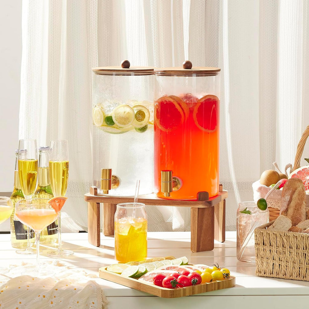 1.5 Gallon Drink Dispenser: 2P Glass Dispenser w/Wood Stand - Set of 2