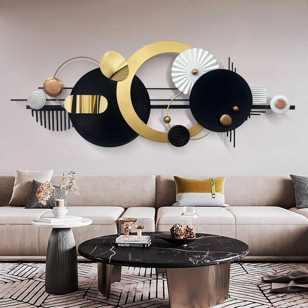 Large Modern Abstract Metal Wall Art, Black and Gold Geometric Circles Wall Decoration, Contemporary Home Decor,59 ×