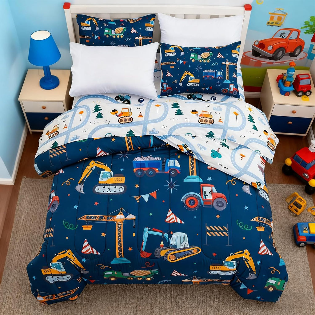 Cars Boy Bedding Comforter Set with Sheets, Twin Cartoon Construction Car Excavator Print Kids Bed in