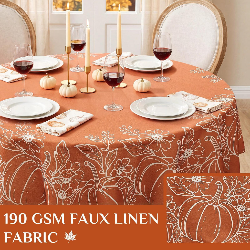 Faux Linen Round Fall Tablecloth 70 Inch, Autumn Table Cloth with Pumpkin & Maple Leaves, Orange Circle Table Cover