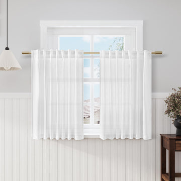 White Kitchen Curtains 36 Inch Length Set 2 Panel Back Tab Pocket Semi Sheer Light Filtering Short Drapes Linen