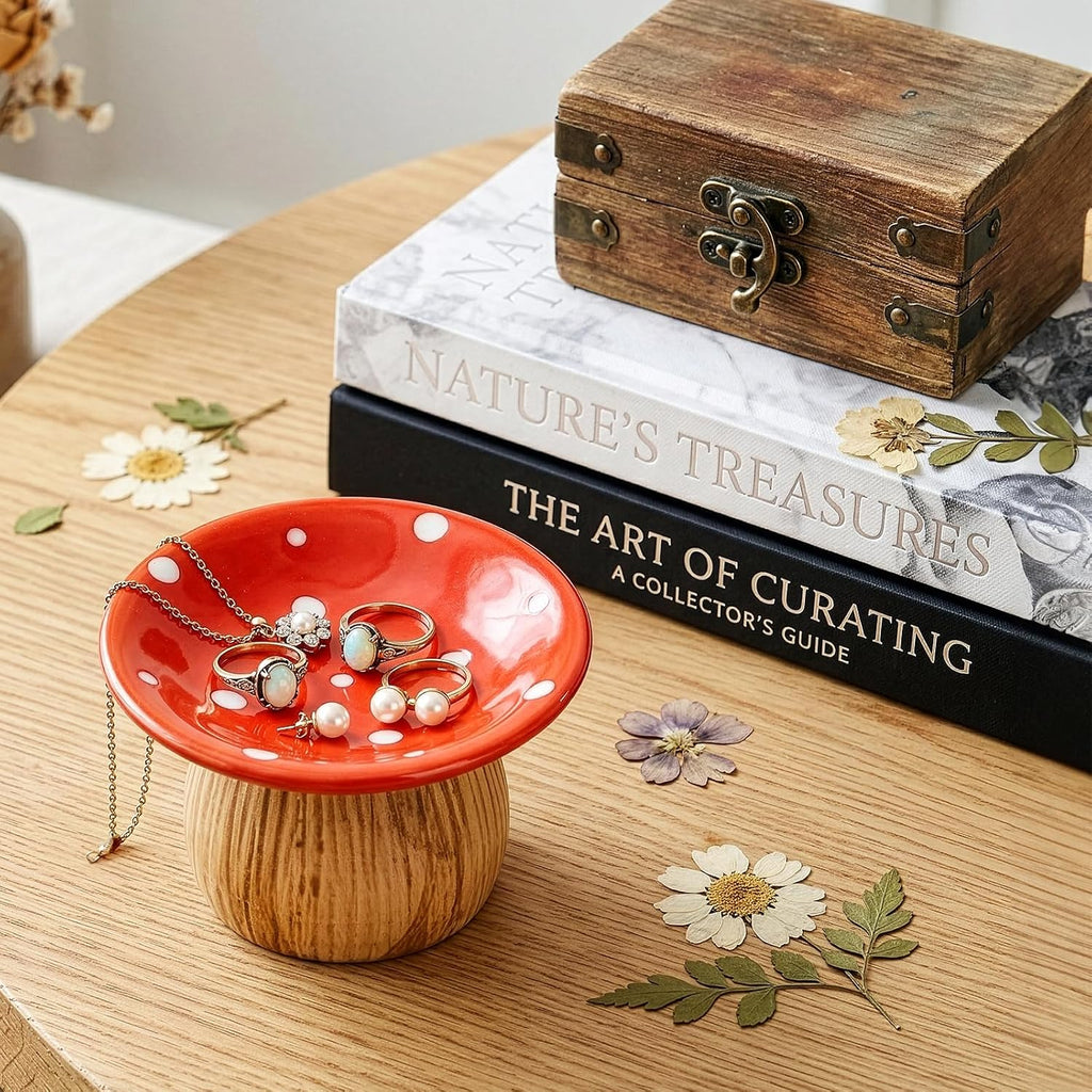 Mushroom Jewelry Dish, Ceramic Trinket Storage Jar with Lid - Set of 2