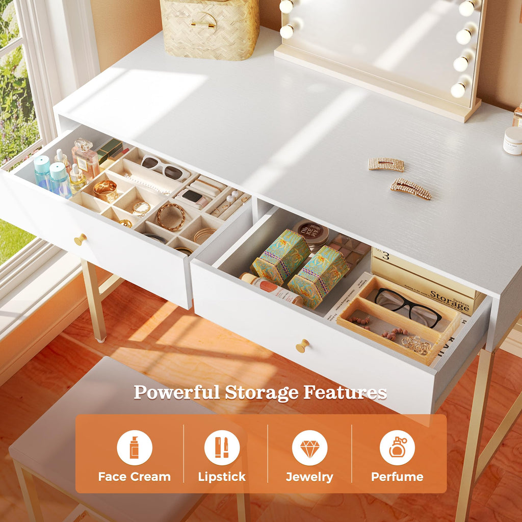 43-inch Modern White & Gold Desk - 2 Drawer Vanity