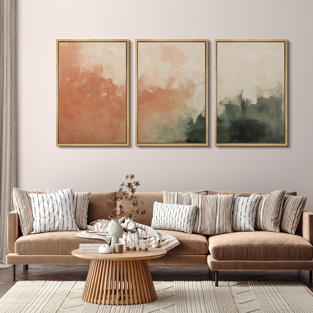 Framed Canvas Print Wall Art Set Sunset Mist Abstract Coral and Green Illustrations Modern Art Relax/Calm - 16"x24"x3