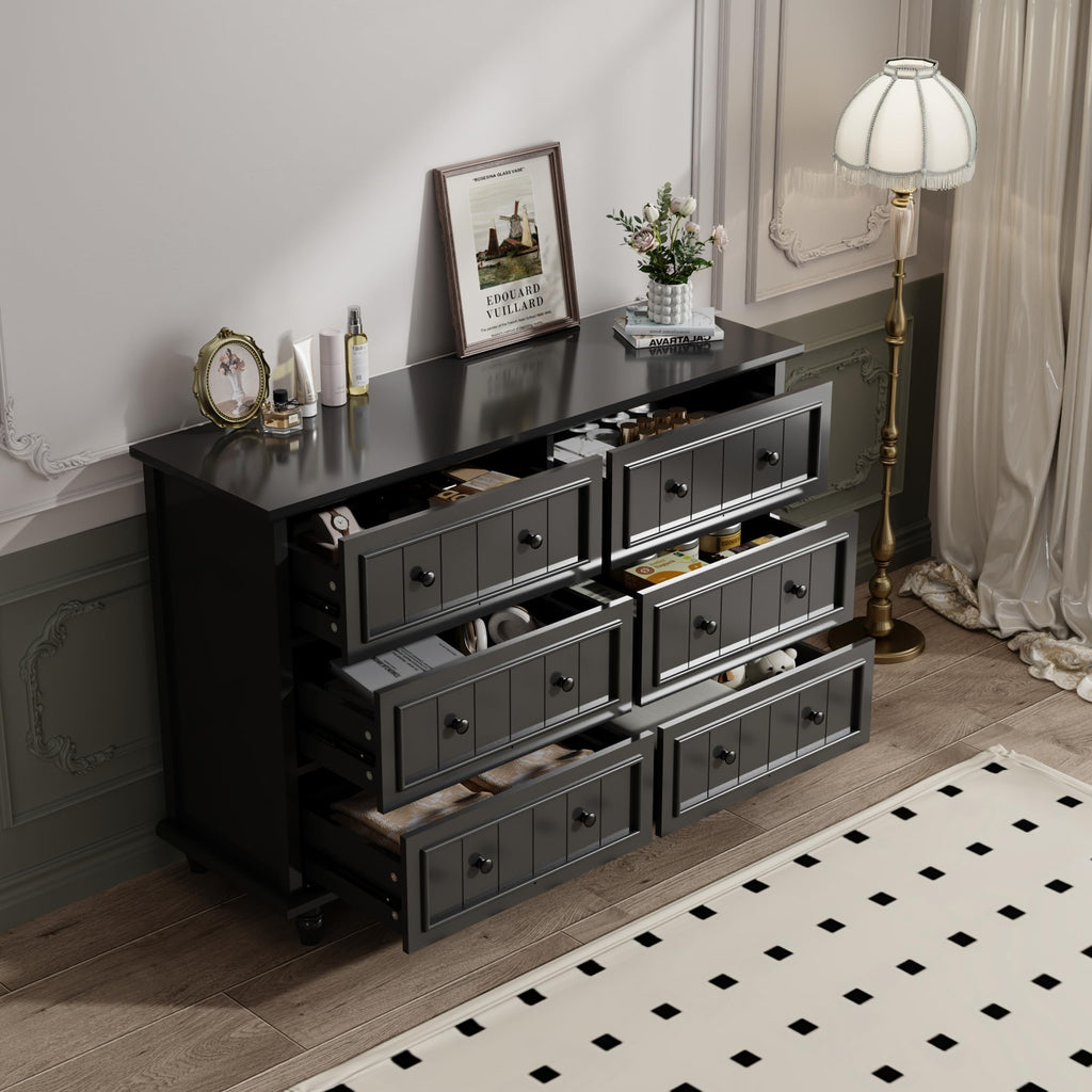 Black 6 Drawer, Vintage Chest of Drawers, 47.2'' Bedroom Cabinet