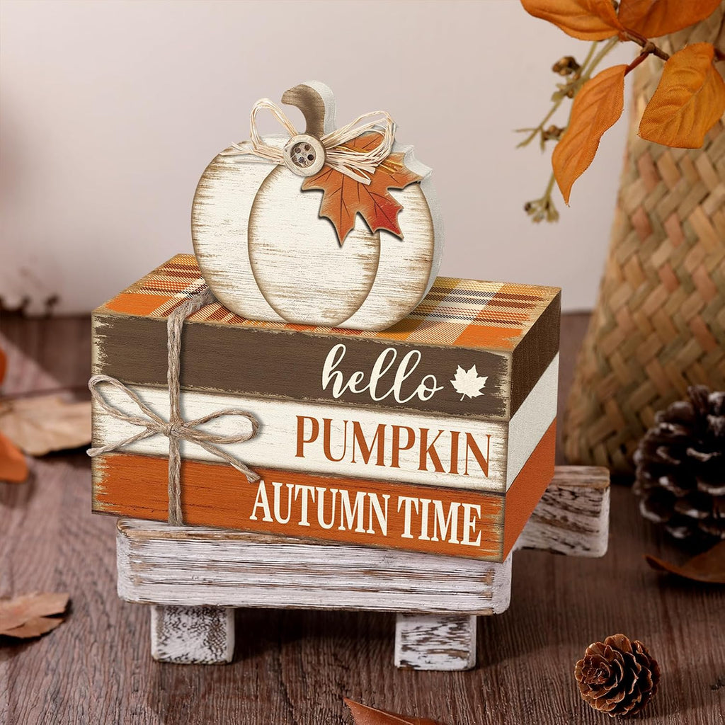 Fall Tiered Tray Decorations Thanksgiving Wooden Pumpkin and Maple Leaf Book Stack Signs, Autumn Vintage Table - Set of 4