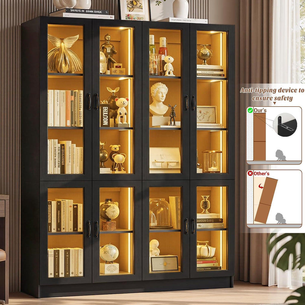 80" Display Cabinet with Glass Doors, 5-Tier Tall Bookcase with LED Light, Glass Display Case with Adjustable