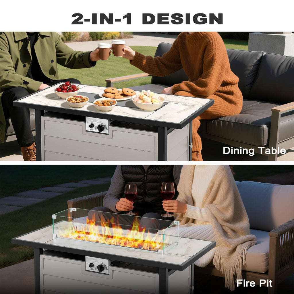 43'' Patio Propane Fire Pit Table, 50, 000 BTU Gas Fire Pit with Marble-Textured Glass Top, Wind Guard, Lid, Glass