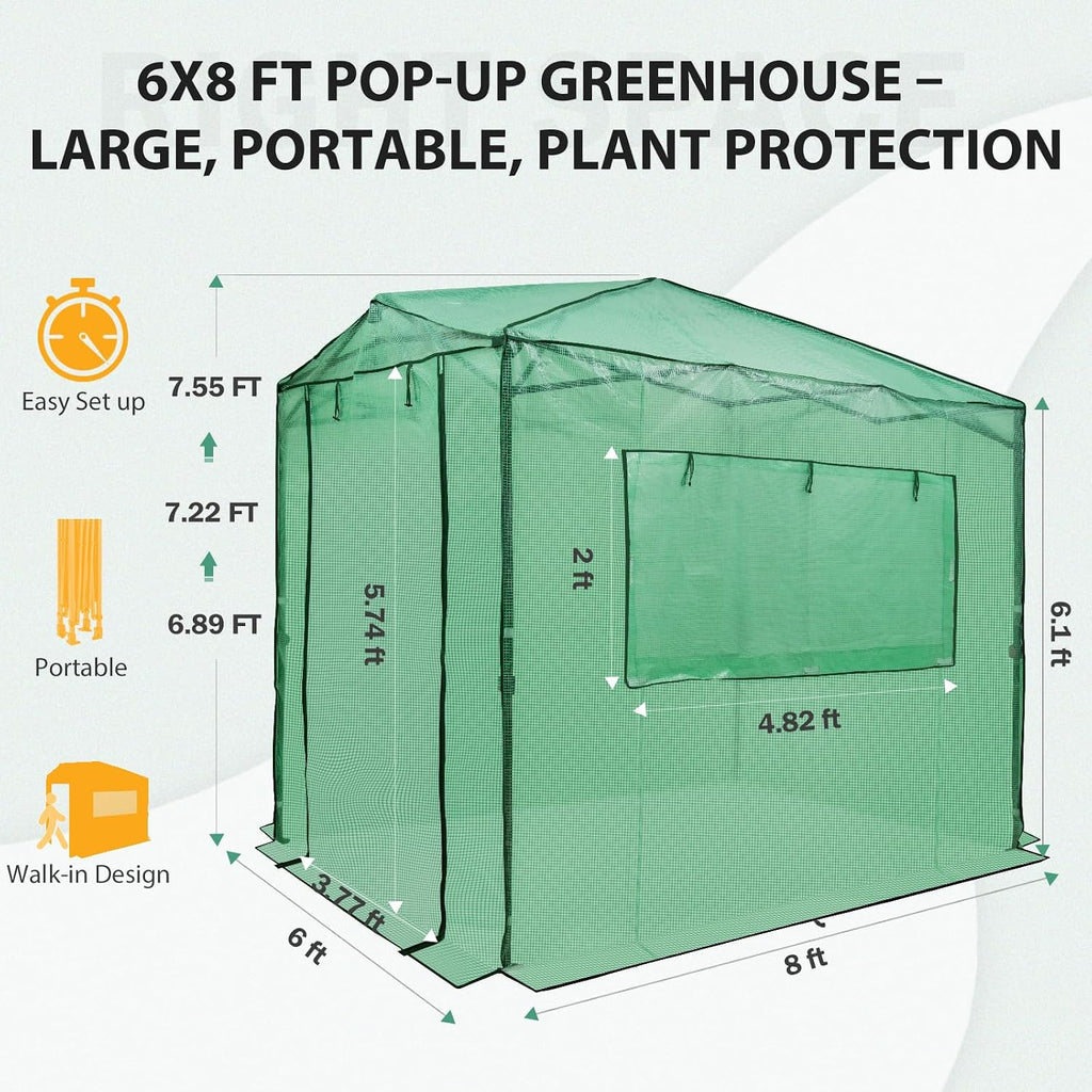 8x6 Easy Setup Pop Up Greenhouse, Clear/Green | Walk-In Greenhouses for Outdoors, Green House for Winter Protection