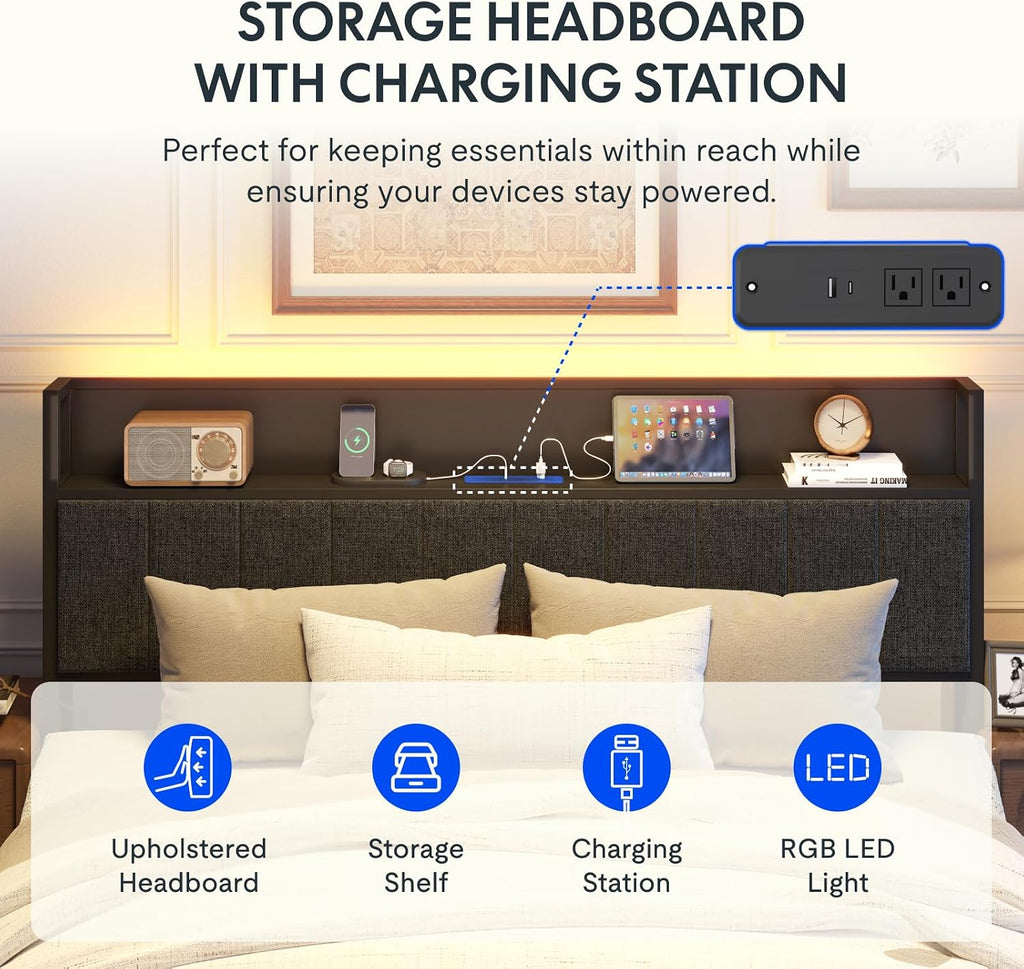 Adjustable Bed Base with Storage Headboard & Charging Station