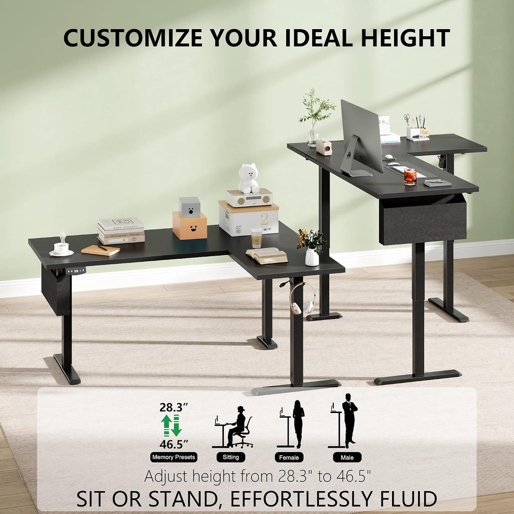 63" L Shaped Standing Desk, Height Adjustable, LED, Memory Presets | Reversible, Ergonomic Sit to Stand Computer Desk