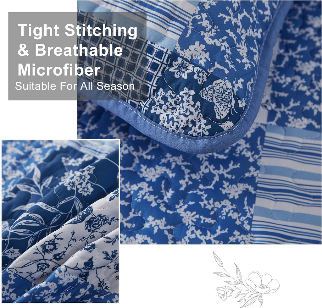 Blue Boho Quilt Set Queen,3 Pieces Plaid Floral Bedspread Coverlet Set for All Season,Patchwork Reversible Bedding