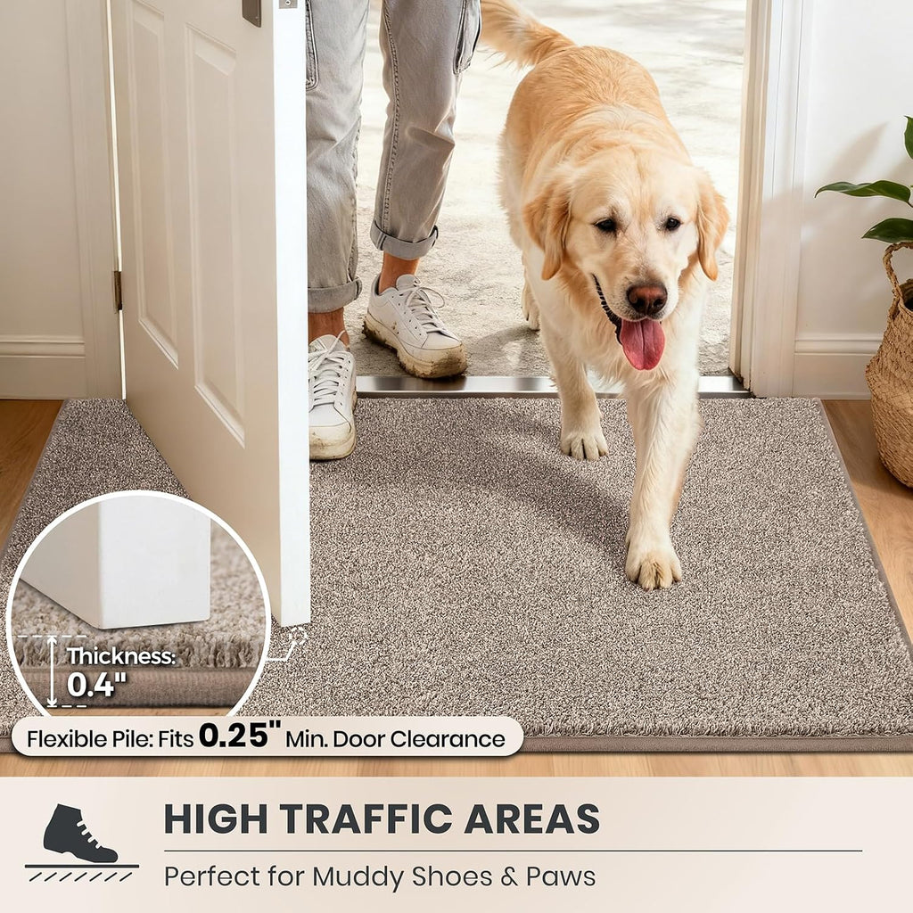 Dirt Trapping Indoor Door Mat, 34" x 59", Taupe | Machine Washable, Non-Slip, Waterproof TPR Backing, Super
