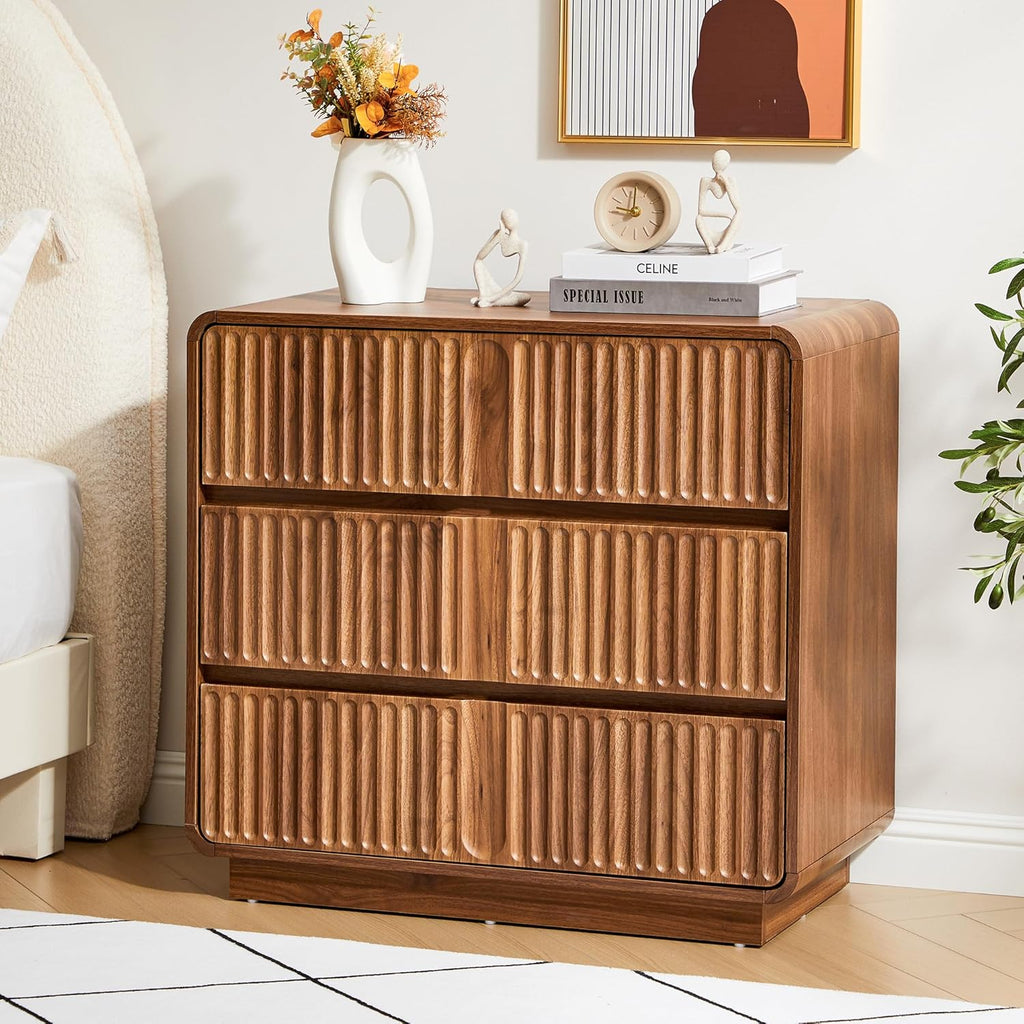 3 Drawer Dresser, 31.5" Wide, Walnut Brown | Mid Century Modern Wood, Chest of Drawers, Fluted Design, Living Room