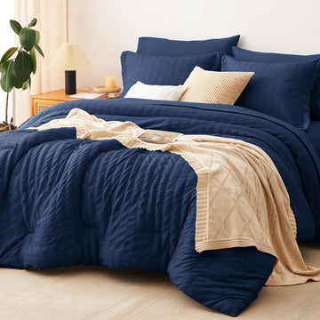 Comforter Set 120x98, 7-Piece Navy Blue Seersucker