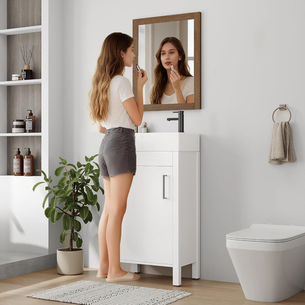 16" Bathroom Vanity with Sink, Freestanding Wooden Bathroom Vanity Cabinet with Soft-Closing Door and Metal Handle, Modern Floor Standing Storage for Small Spaces，White