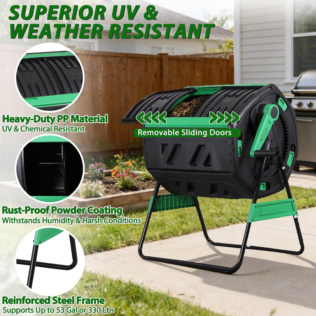 53 Gal Dual Chamber Compost Tumbler Outdoor - BPA-Free Rotating Composter with 8 Adjustable Vents, 2 Sliding Doors &