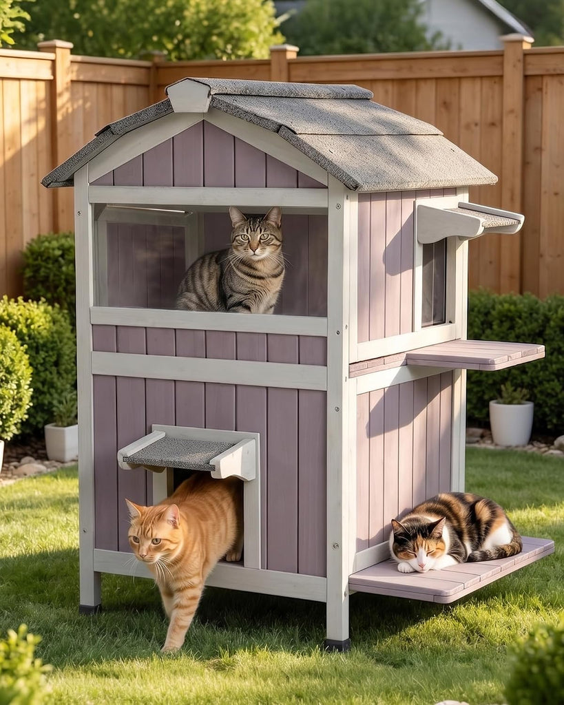 Outdoor Cat House Weatherproof Feral Cat Shelter with Escape Doors - 2-Story