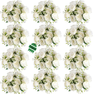 Peonies Artificial Flowers 12 Bouquets, White Flowers Lifelike Silk Fake Peonies with Stems Table Centerpieces
