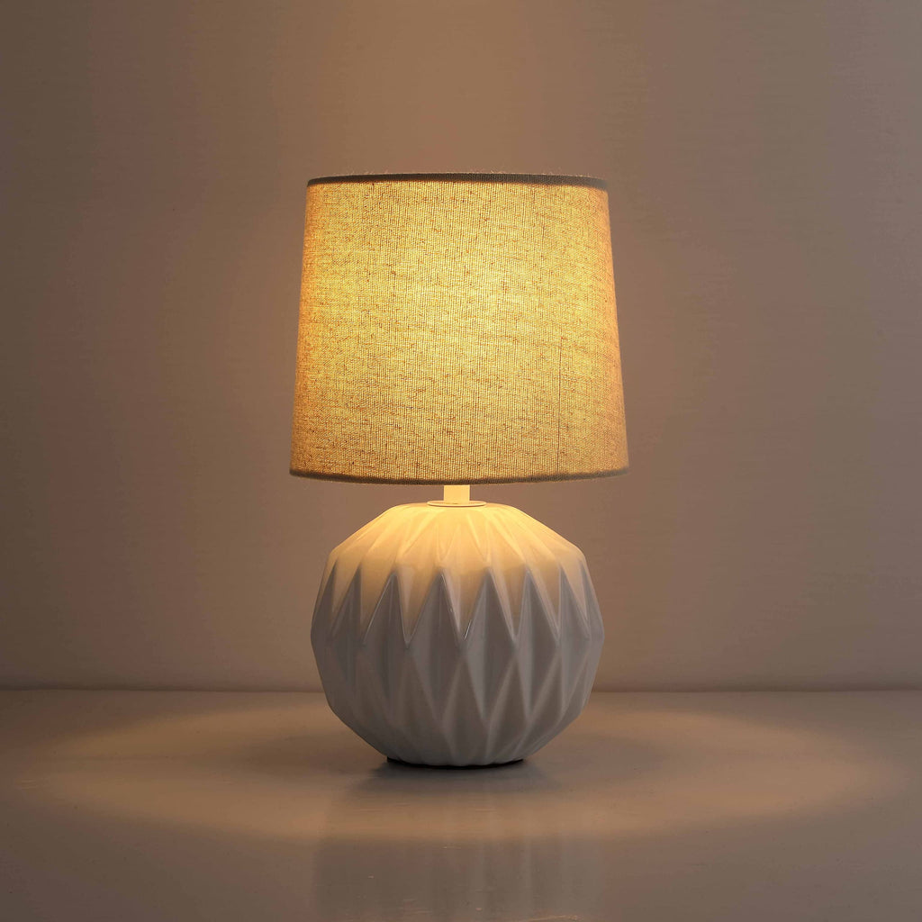 White Ceramic Table Lamp, Geometric Textured Small Bedside Lamp with Linen Shade, Mid Century Modern Nightstand Lamp