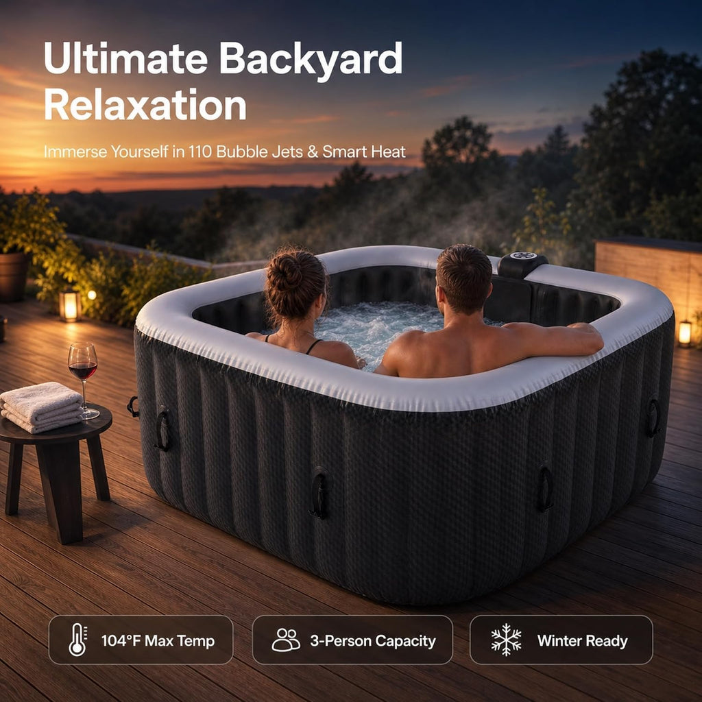 3 Person Square Inflatable Hot Tub with Smart Temperature Control & Accessory Set