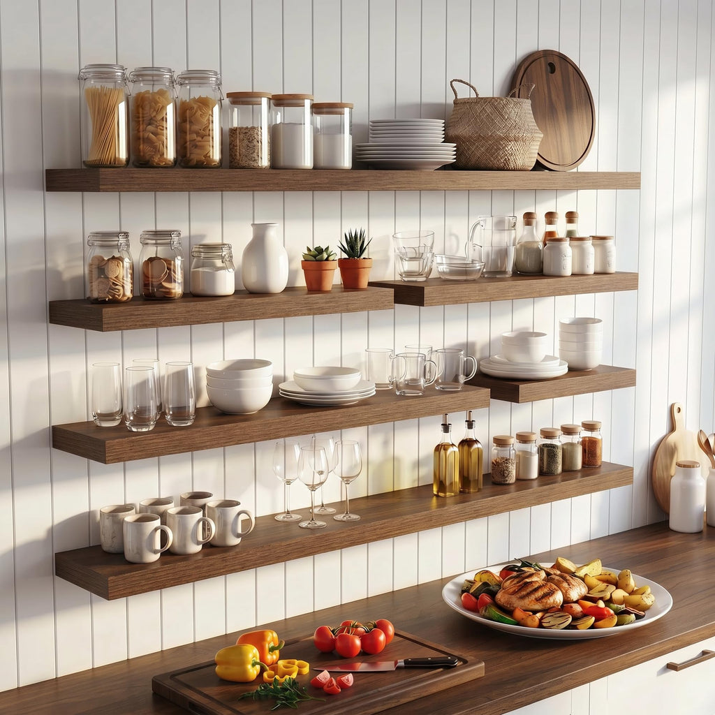55 Inch Floating Shelves for Wall Set of 2, 6.5" D Wood Gra Shelves with Invisible Brackets, Easy Install Engineered
