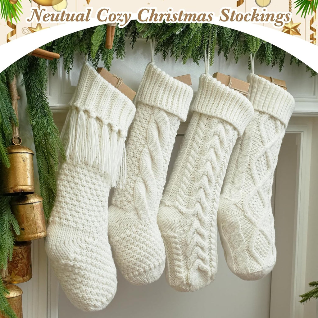4 Pack White Knit Christmas Stockings - Large 18" Rustic Farmhouse Vintage Cable Knit Holiday Stockings, Cream Ivory