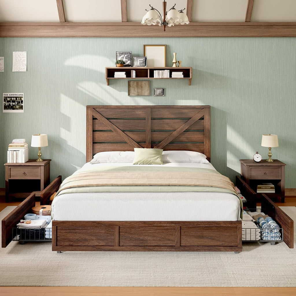 King Farmhouse Bed Frame with 4 Drawers, Wooden Storage Bed Frame with Headboard and Heavy Duty Metal Slats, Noisy