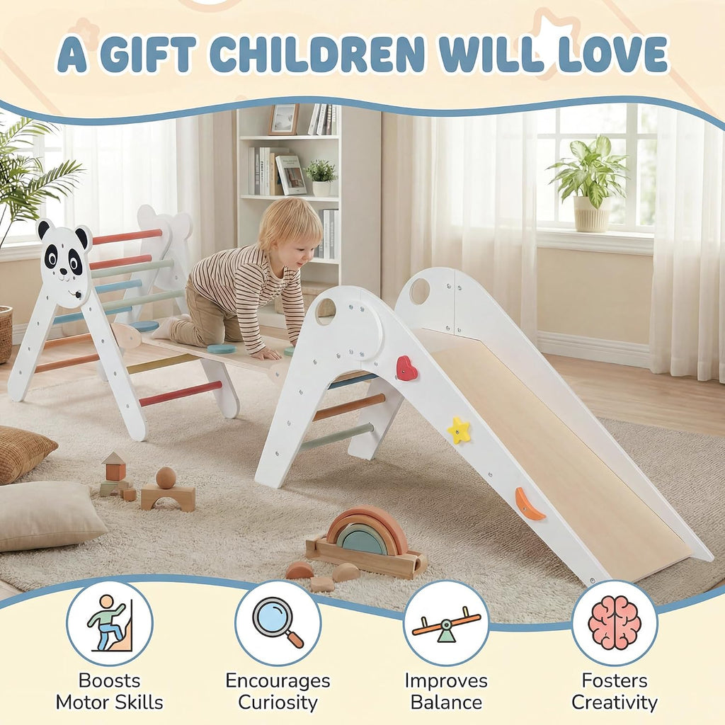 Triangle Set, Panda-Themed Montessori Toddler Climbing Toys Indoor with Ladder, Tunnel, Slide, Ramp, Fun Blocks