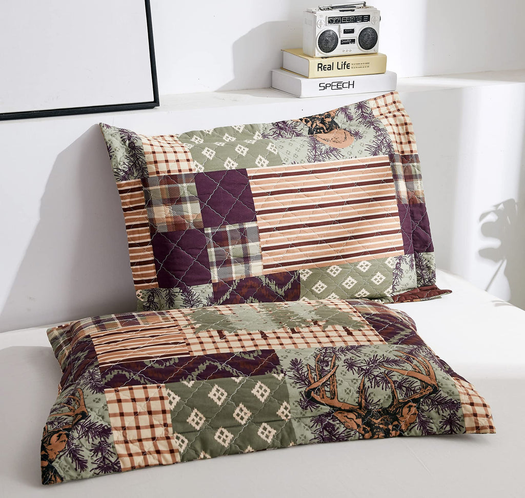 3-Piece Moose Pine Tree Reversible Quilt Set, Checked Color Stripe Rustic Home Lodge The Wilds Quilted Bedspread