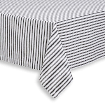 Black and White Ticking Stripe Woven Cotton Fabric Tablecloth, 60 x 144 Rectangular