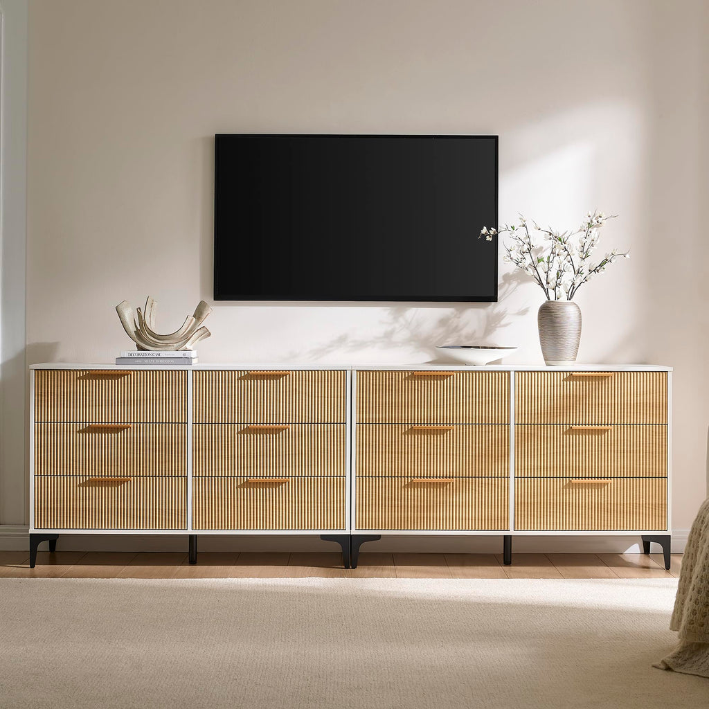 Fluted Dresser, Wide 6 Drawer Wood Dresser, White/Natural Oak
