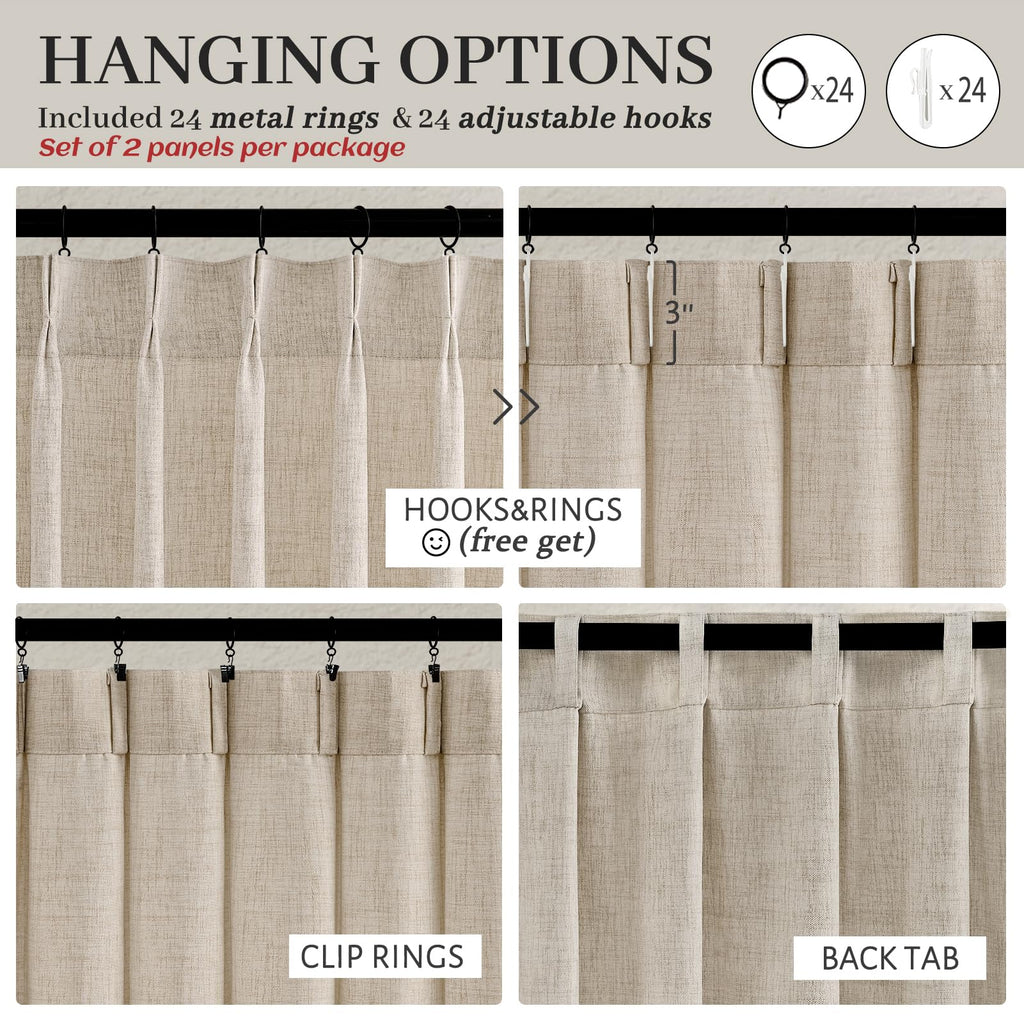 Linen Semi Sheer Large Curtains 102 Inches Long 2 Panels Set, Memory Trained Pinch Pleated Extra Wide Light